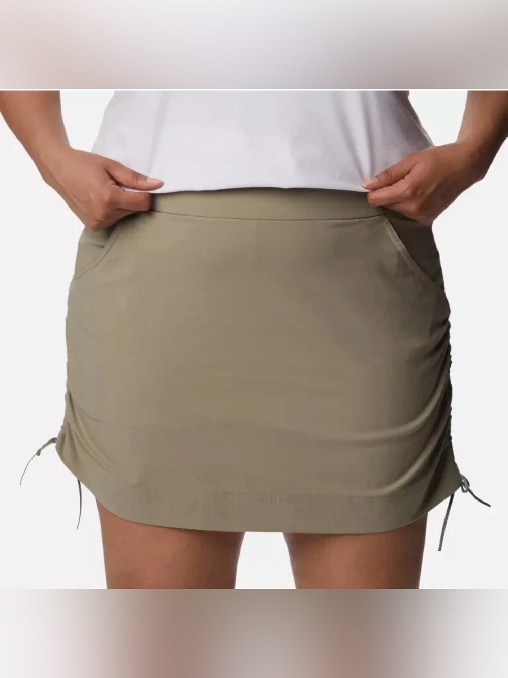 Columbia Omni Skort Womens Sz 1X Khaki Tan Pull On Active Nylon Ruched Side Ties